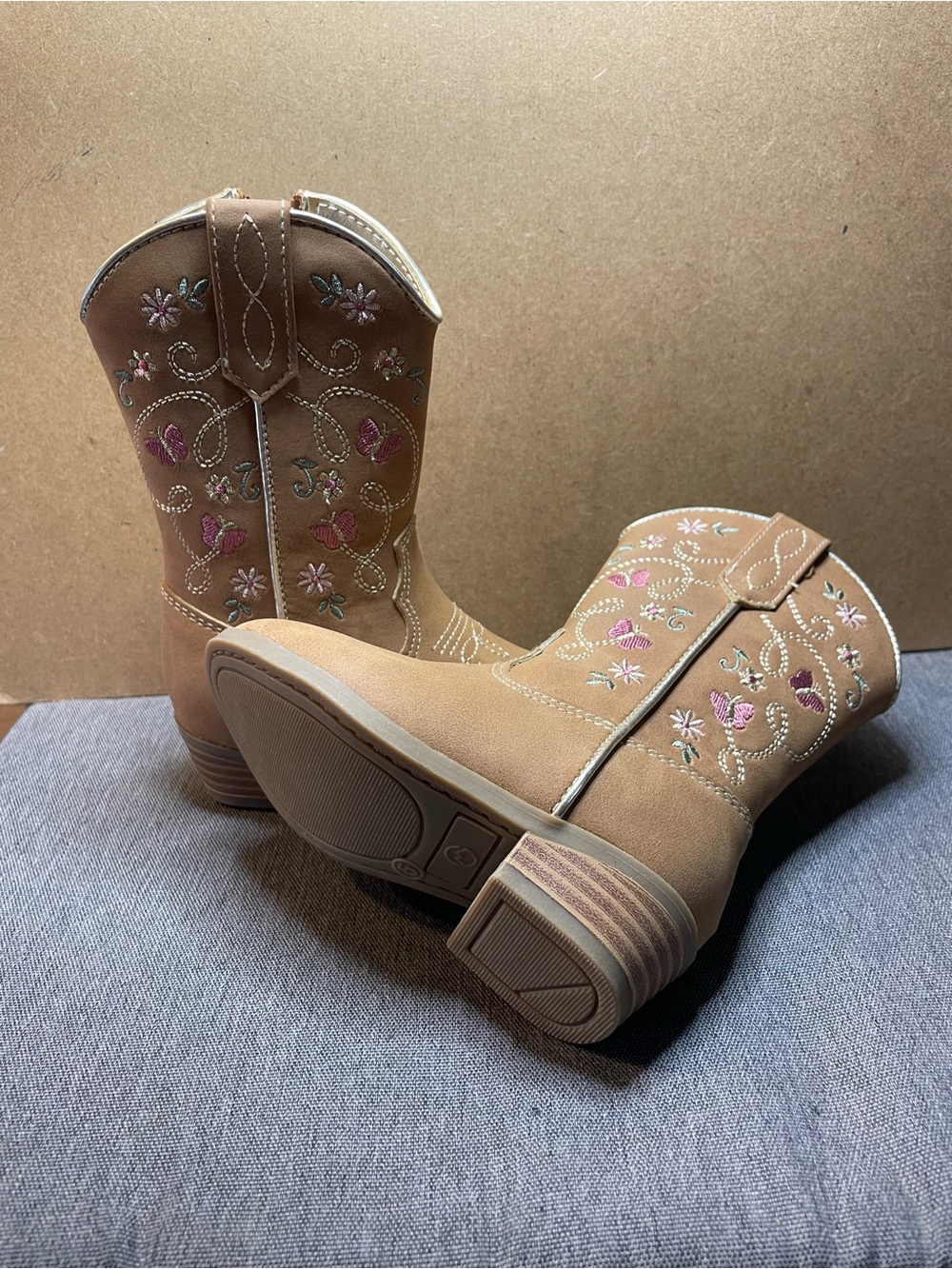 Magellan Outdoors Tan Girls' Embroidered Western Boots with Pink & Green Accents